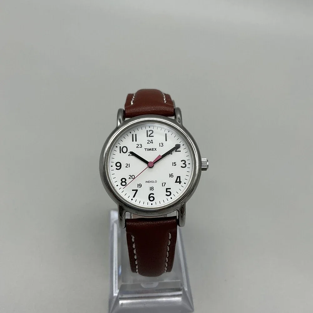 Timex Indiglo Womens Watch 31mm White Dial Silver Tone Brown Leather New Battery
